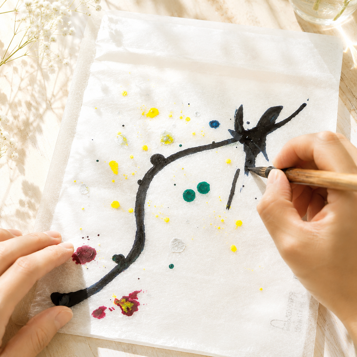 氣鹽135gのラベルを一枚ずつ手描きする様子